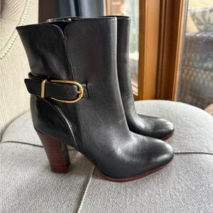 Veronica Beard Black Heeled Boots with Gold Buckle